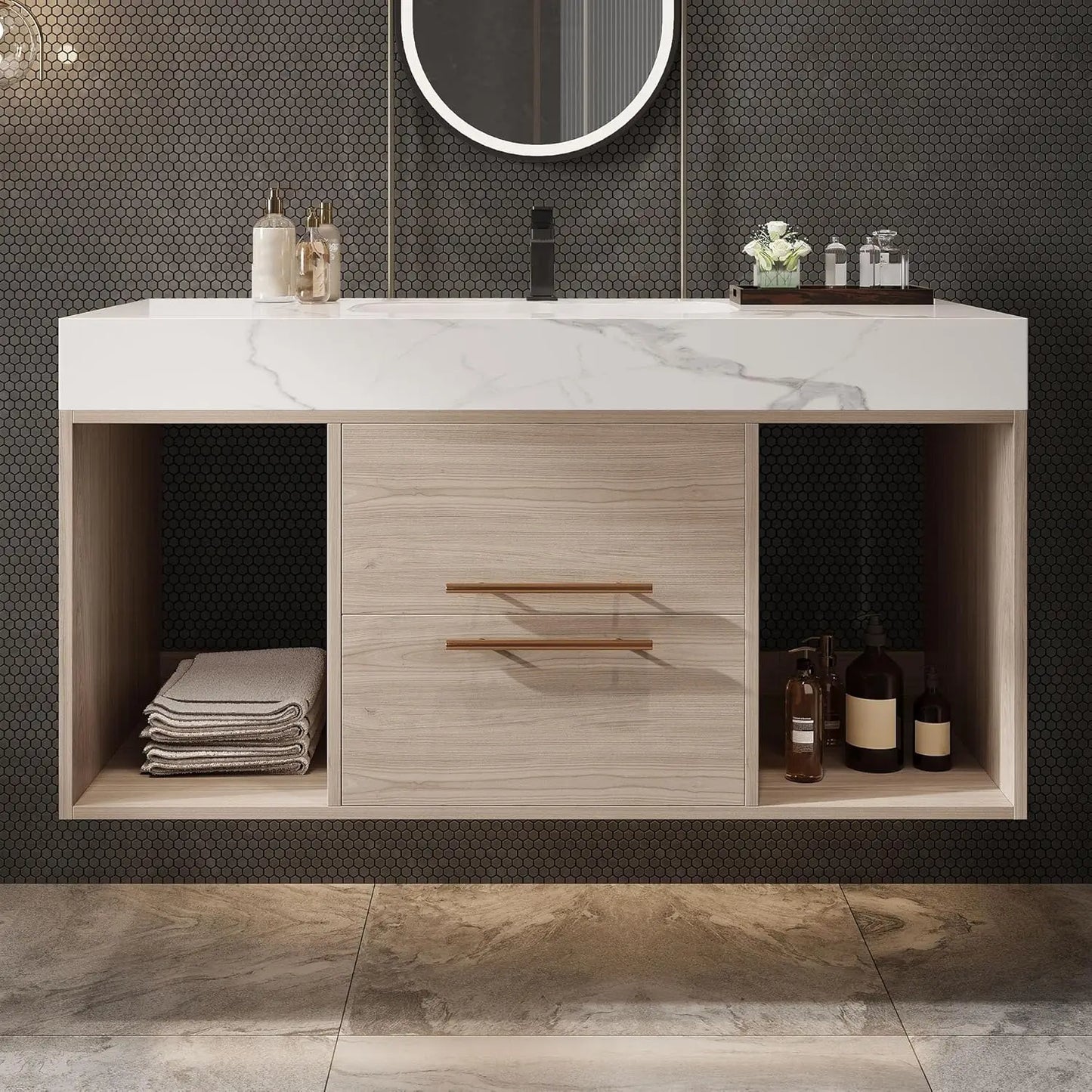 40 inch Modern Floating Bathroom Vanity with Sink, Wall Mounted Bathroom Cabinet with Ceramic Sink, Sintered Stone Countertop