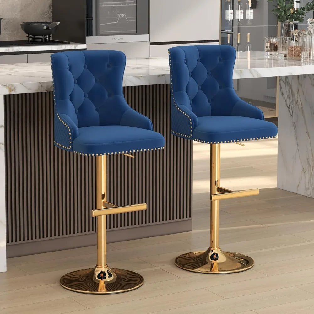 Bar Stools Set of 2, Golden Base Counter Height Stools with Footrest, Velvet Adjustable Swivel Kitchen Island Chair with Uphols