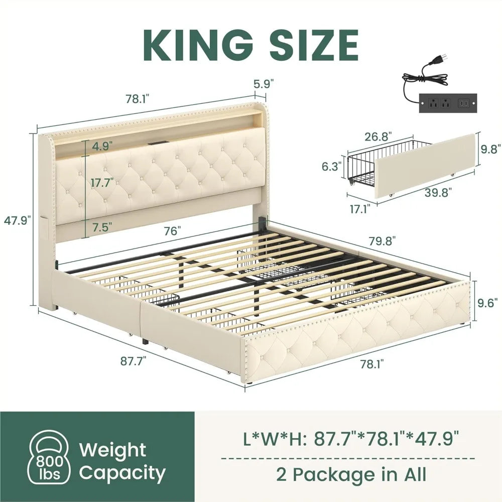 HUANZHUANG Bed Frame With 4 Storage Drawers And USB