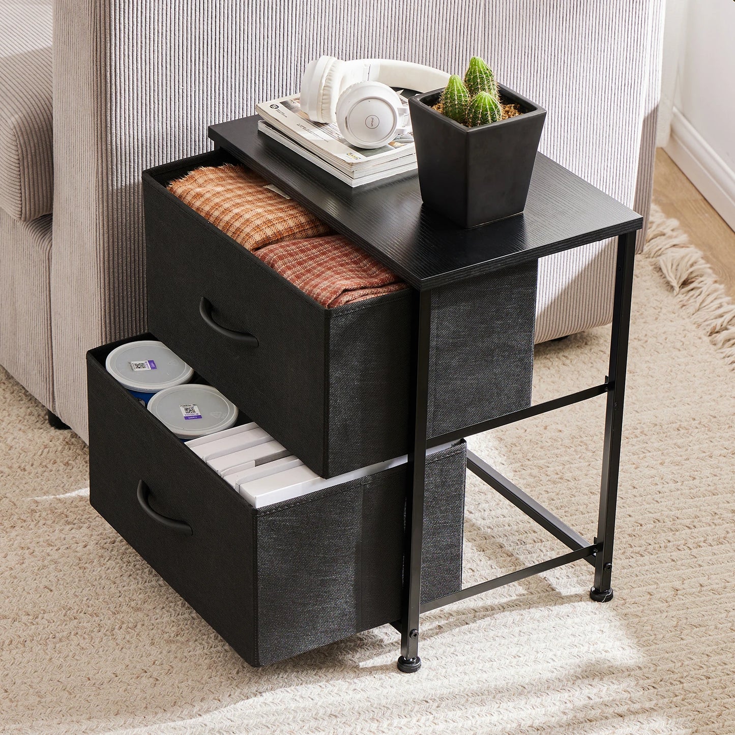 Modern Minimalist Nightstand with Two Fabric Drawers for Storage