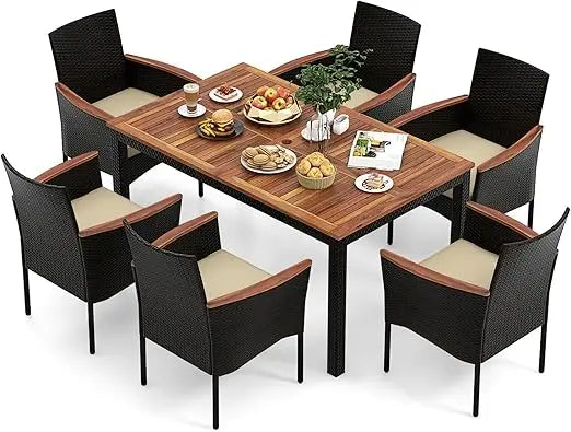 Outdoor Dining Set for 6, PE Rattan Wicker Patio Furniture Set with Wood Table & Cushioned Armchairs, 1.96'' Umbrella Hole, Pat