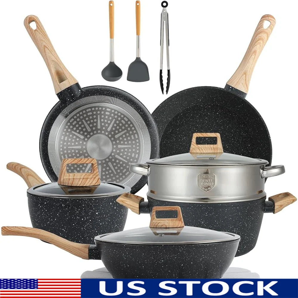 16PCS Nonstick Pots and Pans Set Cookware Aluminum Kitchen Cooking Set Easy Clean Heat Resistant Spatula and Protectors