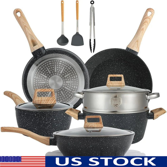 16PCS Nonstick Pots and Pans Set Cookware Aluminum Kitchen Cooking Set Easy Clean Heat Resistant Spatula and Protectors