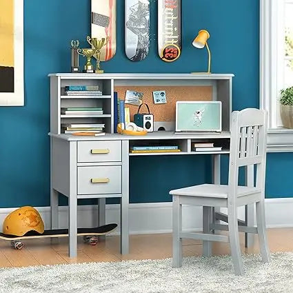 Kids Taiga Desk and Chair Set with Hutch - Gray: Wooden Study Desk with Storage Shelves, Corkboard, and Drawers | Kids Bedroom