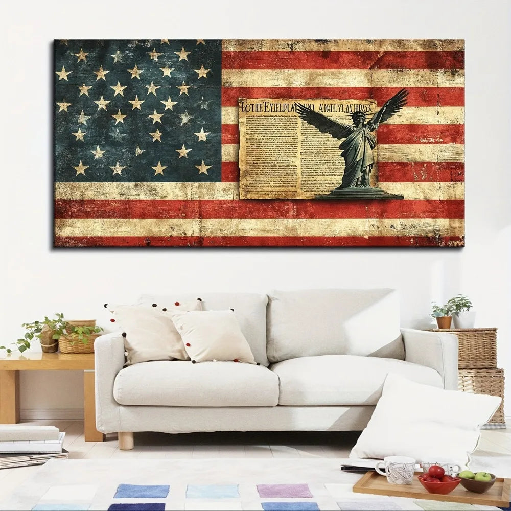 American Flag Canvas Wall Art in Pine Frame Vintage Finish