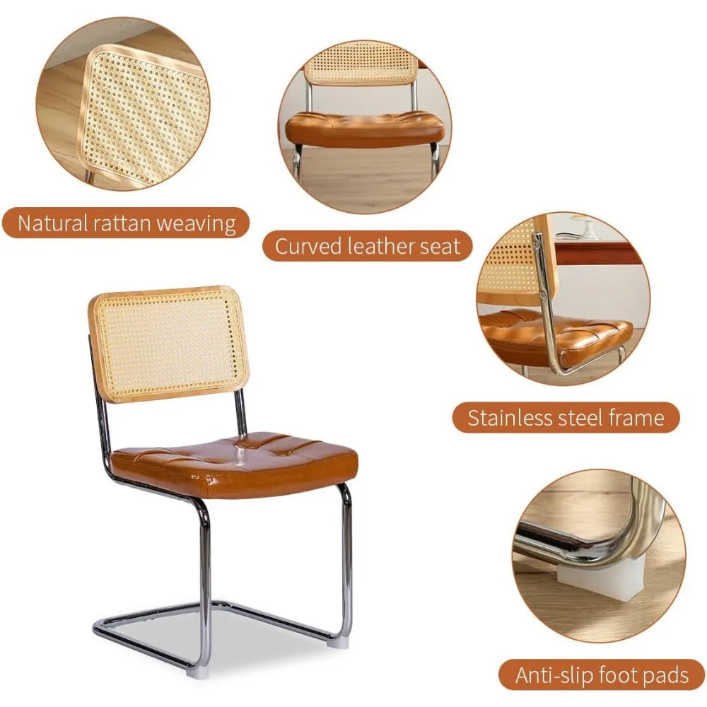 Mid Century Style Rattan Chairs Set of 2, Faux Leather Woven, Solid Wood Backrest, Chrome Metal Legs Dining Chairs