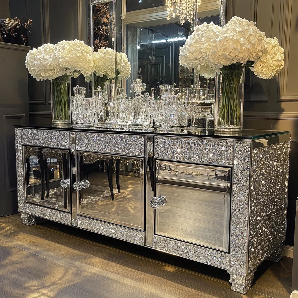 XMSJ Floating Crystal Mirrored Diamond TV Cabinet Stand