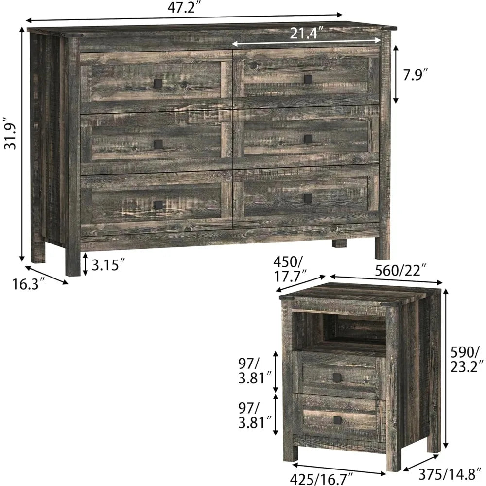 RBXC Farmhouse Bedroom Set 3 Rustic Dresser Nightstands