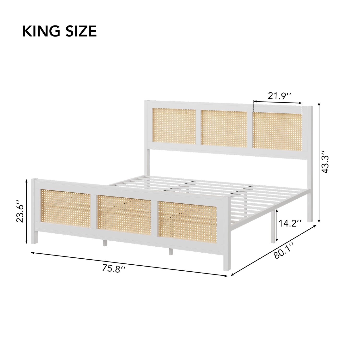 KING/QUEEN/FULL Size Rattan Bed Frame with Headboard, White Boho Cane Platform Bed Frame with Strong Metal Slat, Noise Free