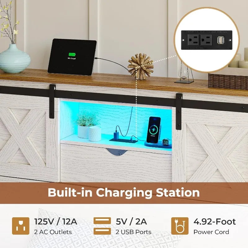 Hasuit Farmhouse Bed Frame Twin Size 2 Storage Drawers, Wooden Platform Twin Bed LED Lights Charging Station, Rustic Accent
