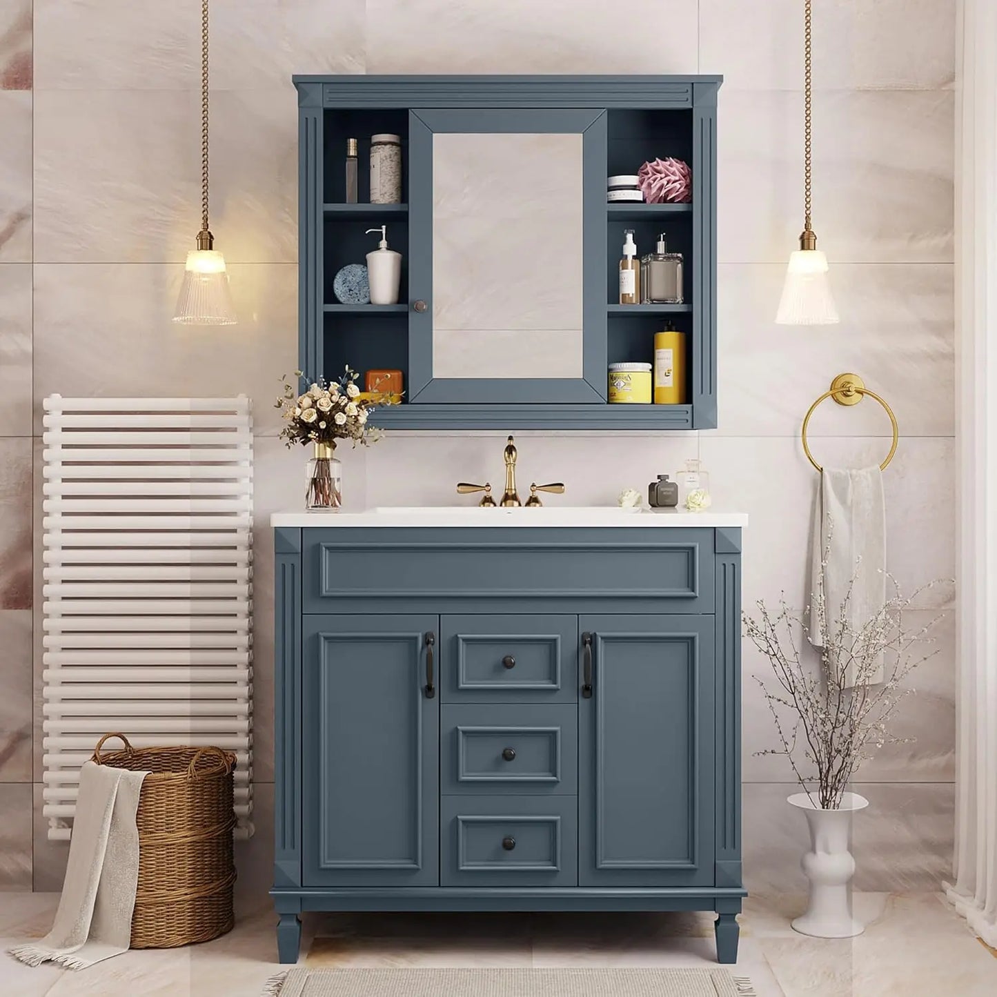 36'' Bathroom Vanity with Matching Medicine Cabinet and Ceramic Sink, Traditional Freestanding Bathroom Storage Cabinet