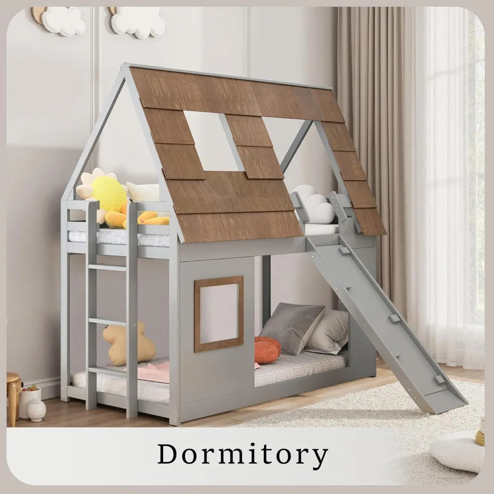 Twin Over Twin House Bunk Bed for Kids, Wood Bunk Bed Frame with Window Roof Design and Guardrail, Montessori Floor Bunk Bed Fra