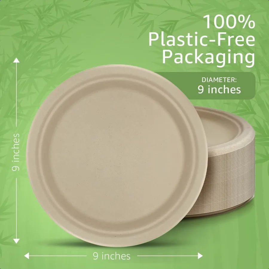 Paper Bamboo Plates Disposable 50Pack 9inch Sturdy and Microwave Safe Compostable Paper Plates Disposable Heavy Duty PFAS Free
