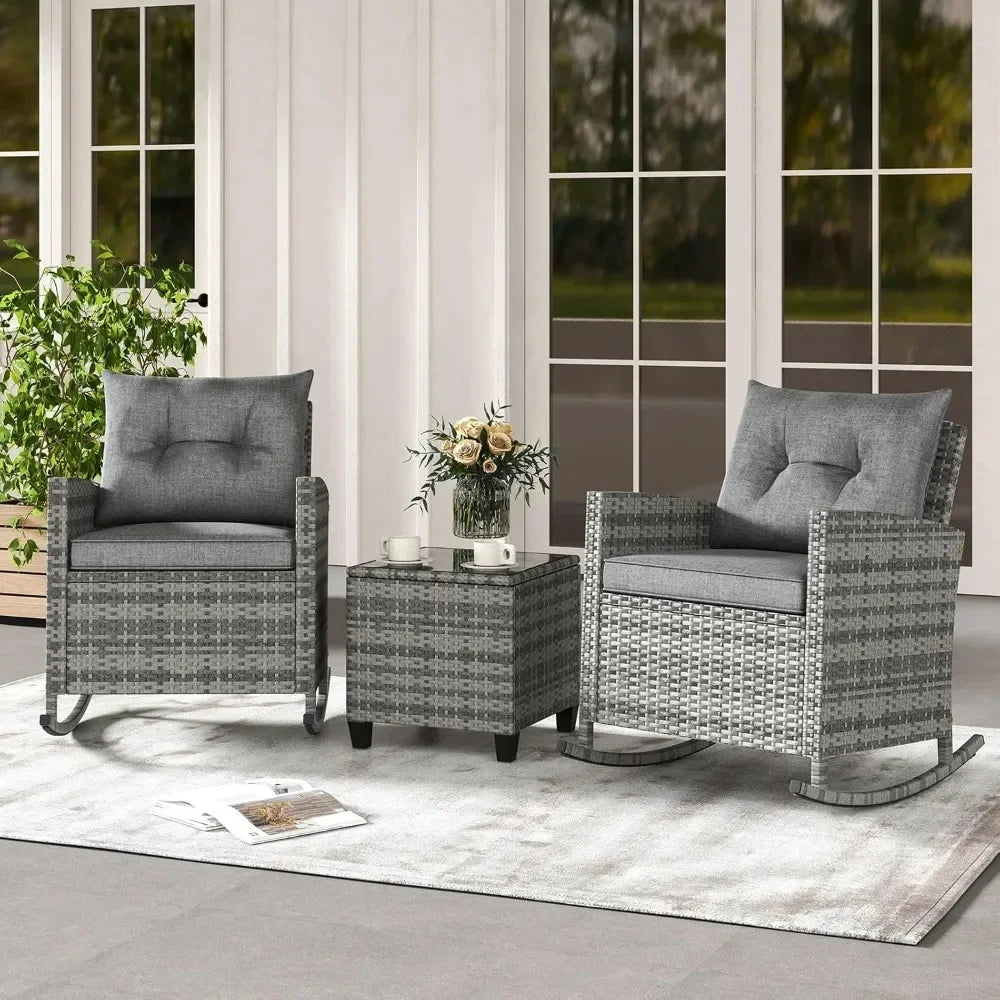 3 Piece Patio Furniture Rocking Bistro Set, Wicker Outdoor Rocking Chairs & Glass Table, PE Rattan Conversation Set