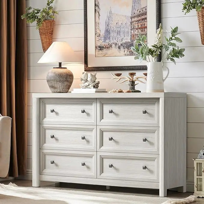 Black Dresser, Farmhouse 6 Drawer Dresser for Bedroom, 52 inch Wide Dressers with Deep Drawers, Vintage Dressers, Solid Wood