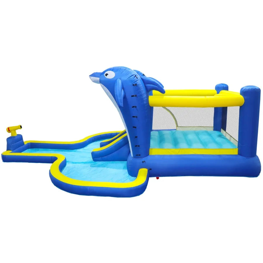 6 in1 Inflatable slide water park trampoline bouncing house outdoor garden with Dolphin sprinkler Target games Water gun Basket