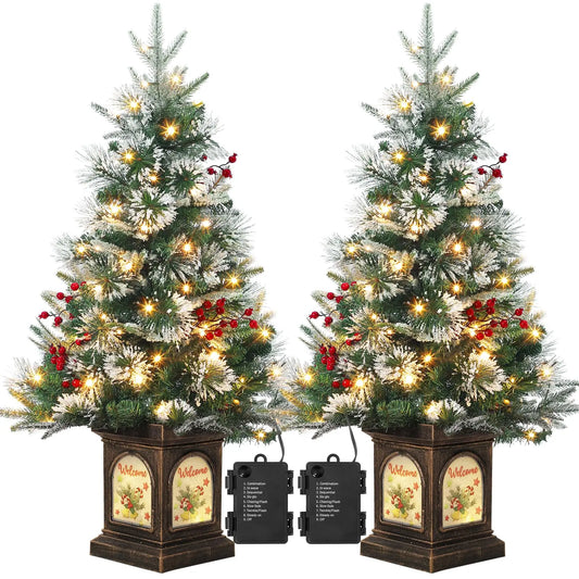 3ft Pre-Lit Artificial Mini Christmas Tree with 78 Led Lights & Vintage Bells Base Festive Tabletop Xmas Decor with Berries,2Pcs