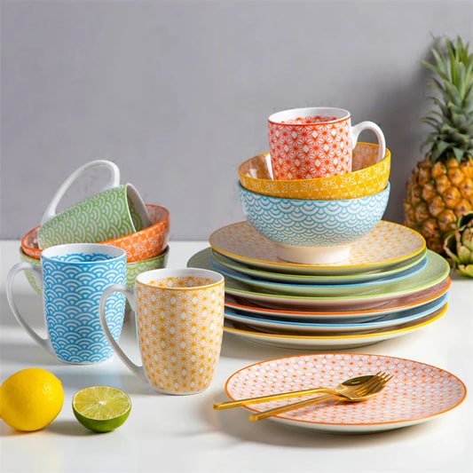 16Pieces Porcelain Multi-Colour Japanese-style Dinnerware Set with 4*Dinner Plate,Dessert Plate,Bowl,Mug Ceramic Tableware Set