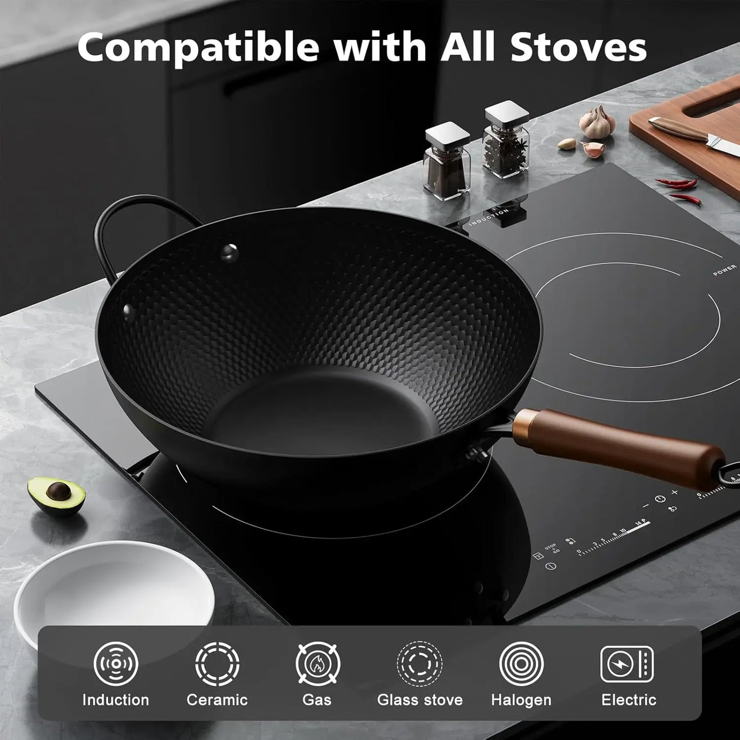 13-Inch Carbon Steel Wok Pan with Glass Cover, Nonstick for All Stoves Including Induction