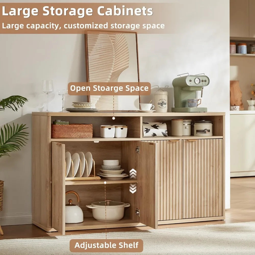 55" Wide Luted Buffet Cabinet with 4 Doors & Open Shelf | Modern Wood Sideboard for Dining/Kitchen Entryway