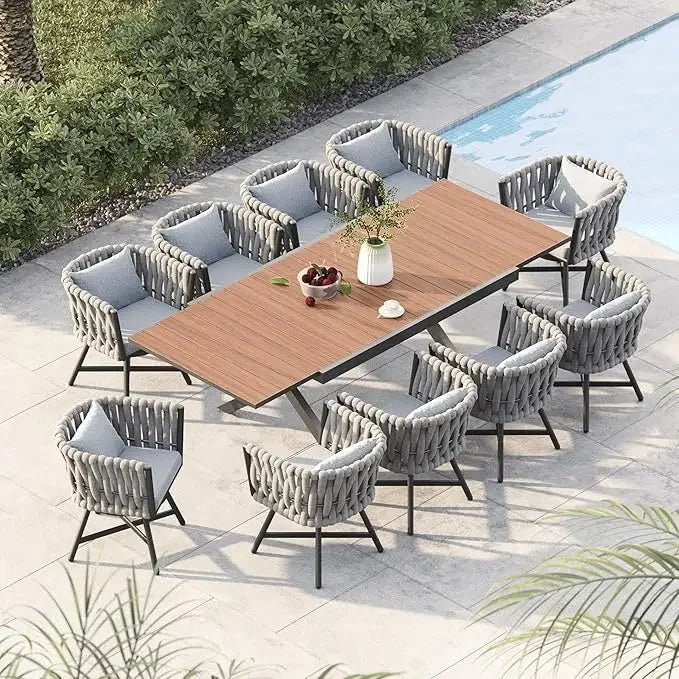 9-Piece Outdoor Dining Set for 8, Patio Dining Furniture Set for 8 Swivel Rope Wicker Chairs