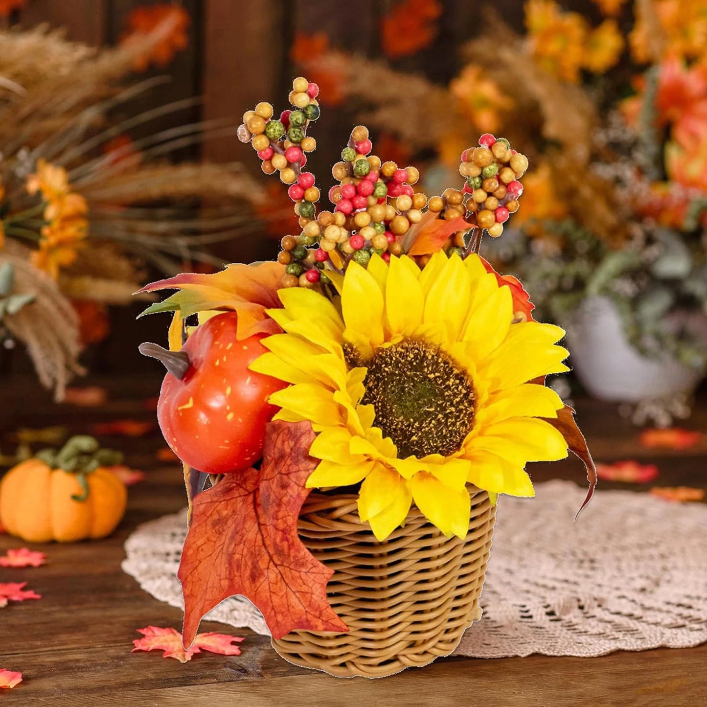 Fall Harvest Centerpiece Decorative Pumpkin and Sunflower Arrangement for Thanksgiving Dinner Table Display