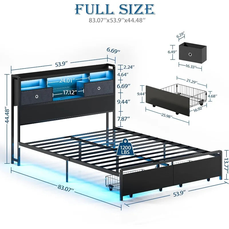 Full Size Bed Frame Full Size 3-Tier Storage Headboard, 2 Storage Baskets, LED, Charging Station No Box Spring Needed (Full)