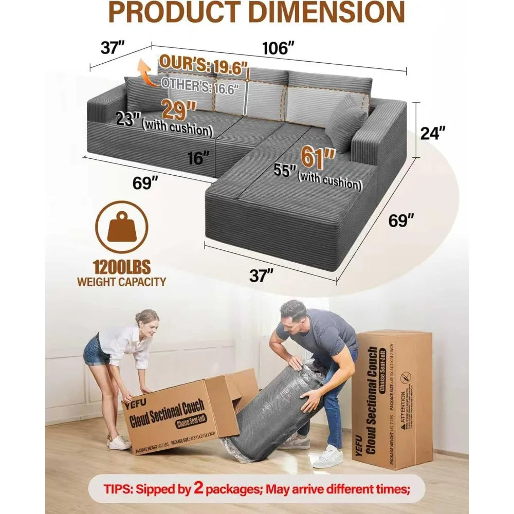 Couches for Living Room with Chaise: Cover Removable to Clean - Boneless Couch - 1200lbs Weight Capacity - Cloud Couch