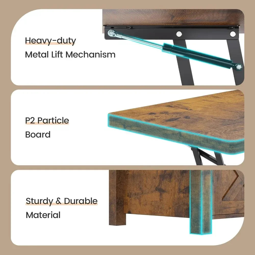 Convertible Lift Top Coffee Table with Storage and Hidden Compartment