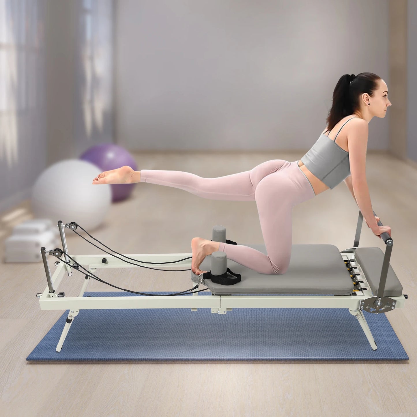 Foldable Pilates Reformer Machine with Latex Springs, 3-Level Rope Adjustment & 4-Position Foot Bar – Gym Yoga Fitness Equipment