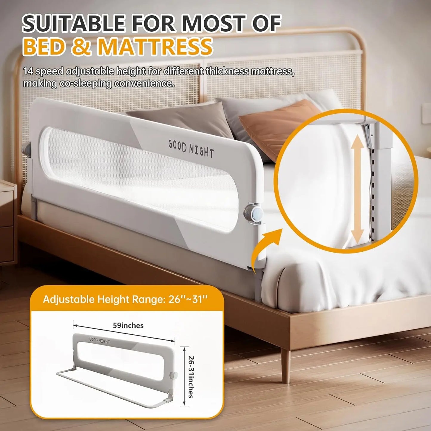 Foldable Toddler Bed Rails - Adjustable Height, Tool-Free Installation for Twin Queen King Beds (59inch)
