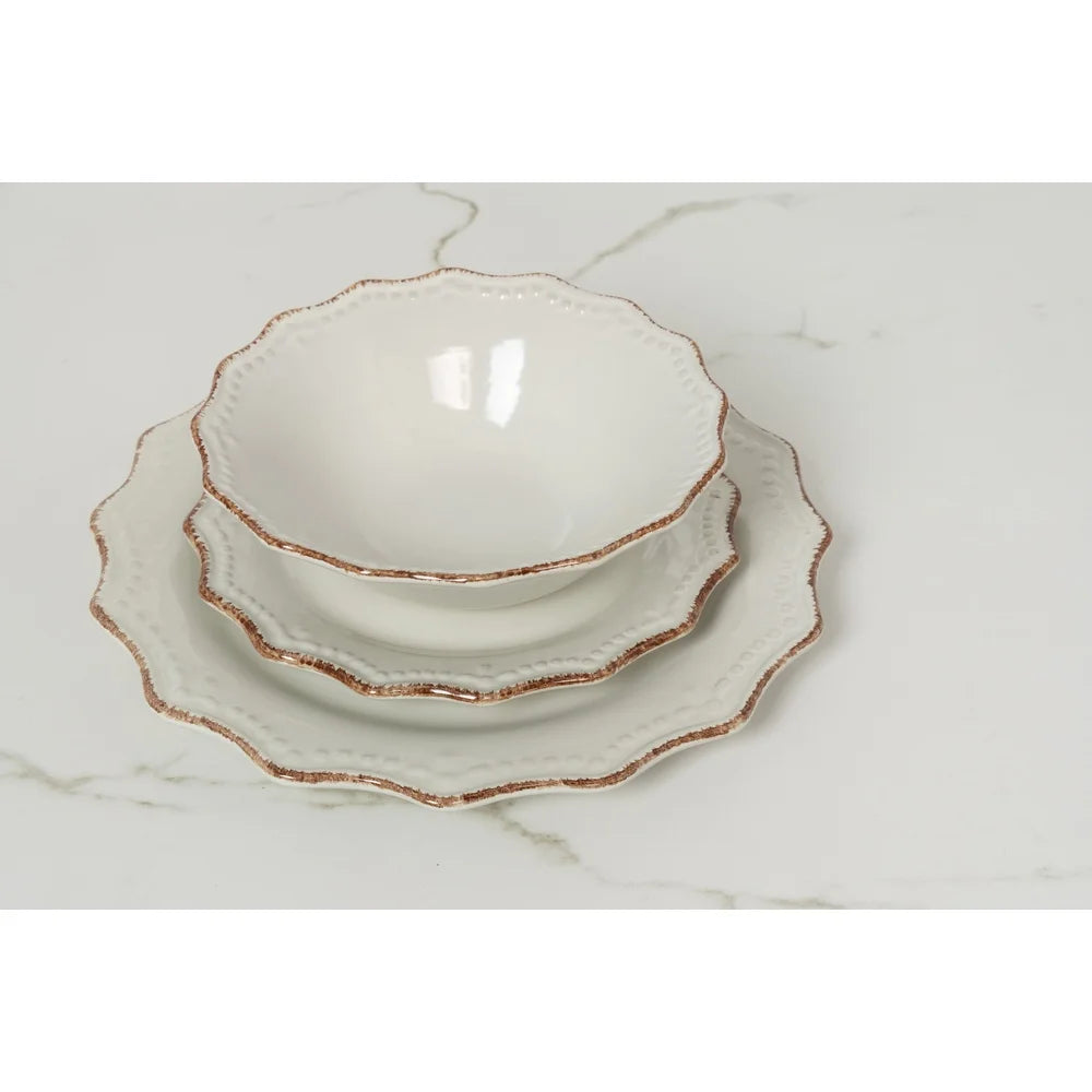 24 Piece Stoneware Dinnerware Set Microwave Safe Vintage Ceramic Beaded Edge Scalloped Rim Elegant Dining Tableware