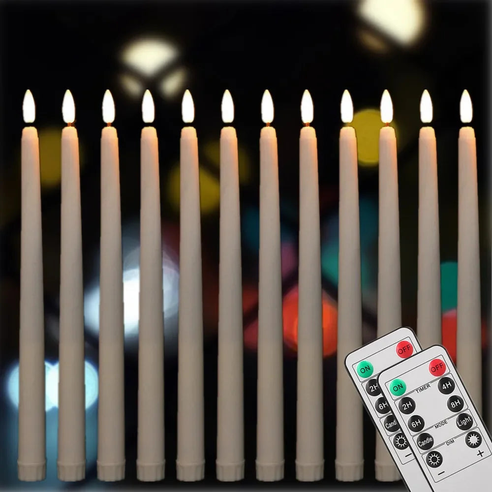 Pack of 6/12 Flameless Ivory Taper Candles Flickering with Remote Battery Operated Christmas Home Wedding Table Decor
