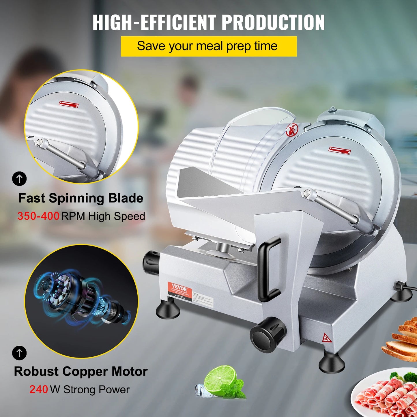 VEVOR 240W Commercial Meat Slicer Electric Deli Food Slicer "10" Carbon Steel Blade Electric Food Slicer Kitchen Appliances