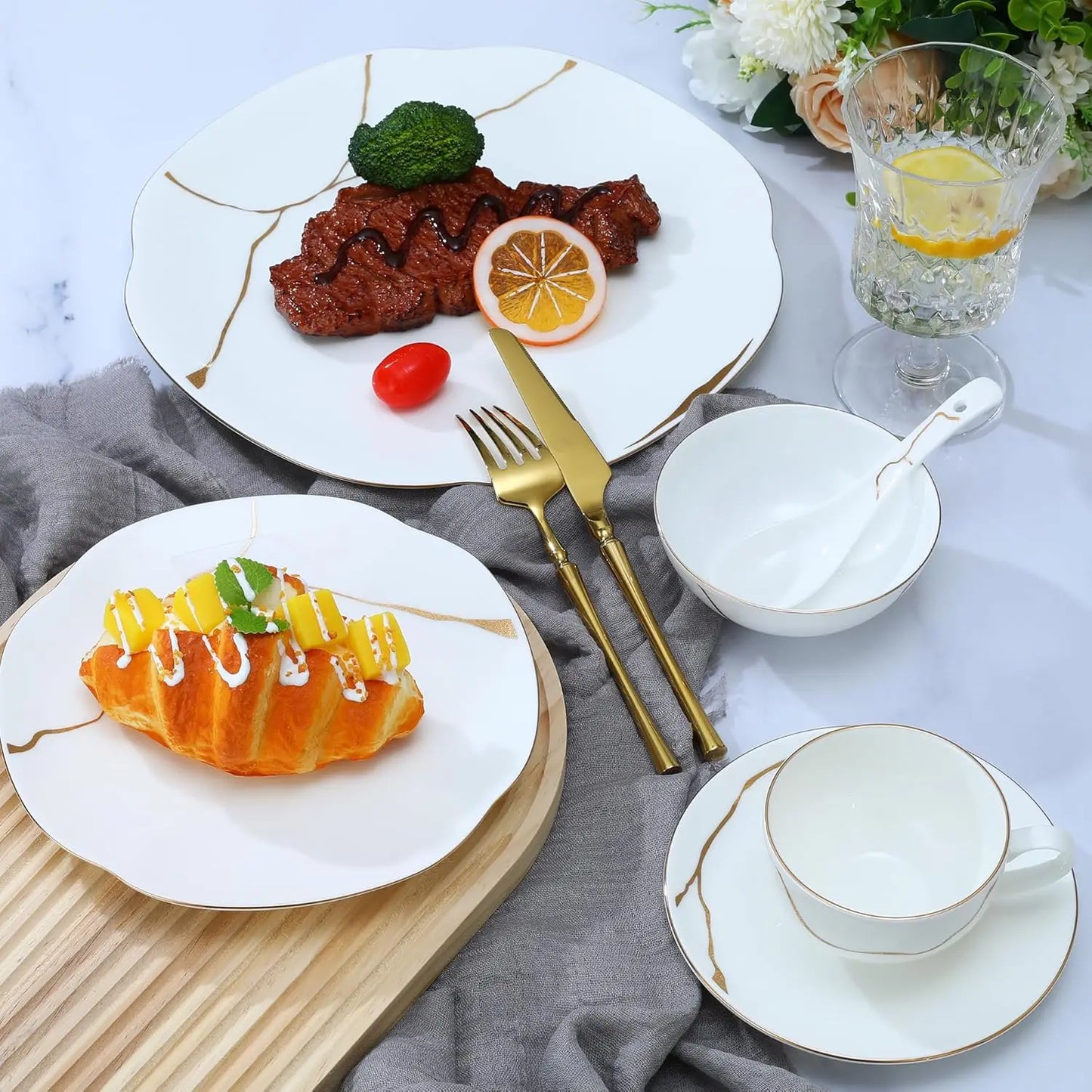 24 Piece White Porcelain Dinnerware set for 4,Plates and Bowls Sets With Gold Rim and gold accents,Highly Chip and Crack Resista
