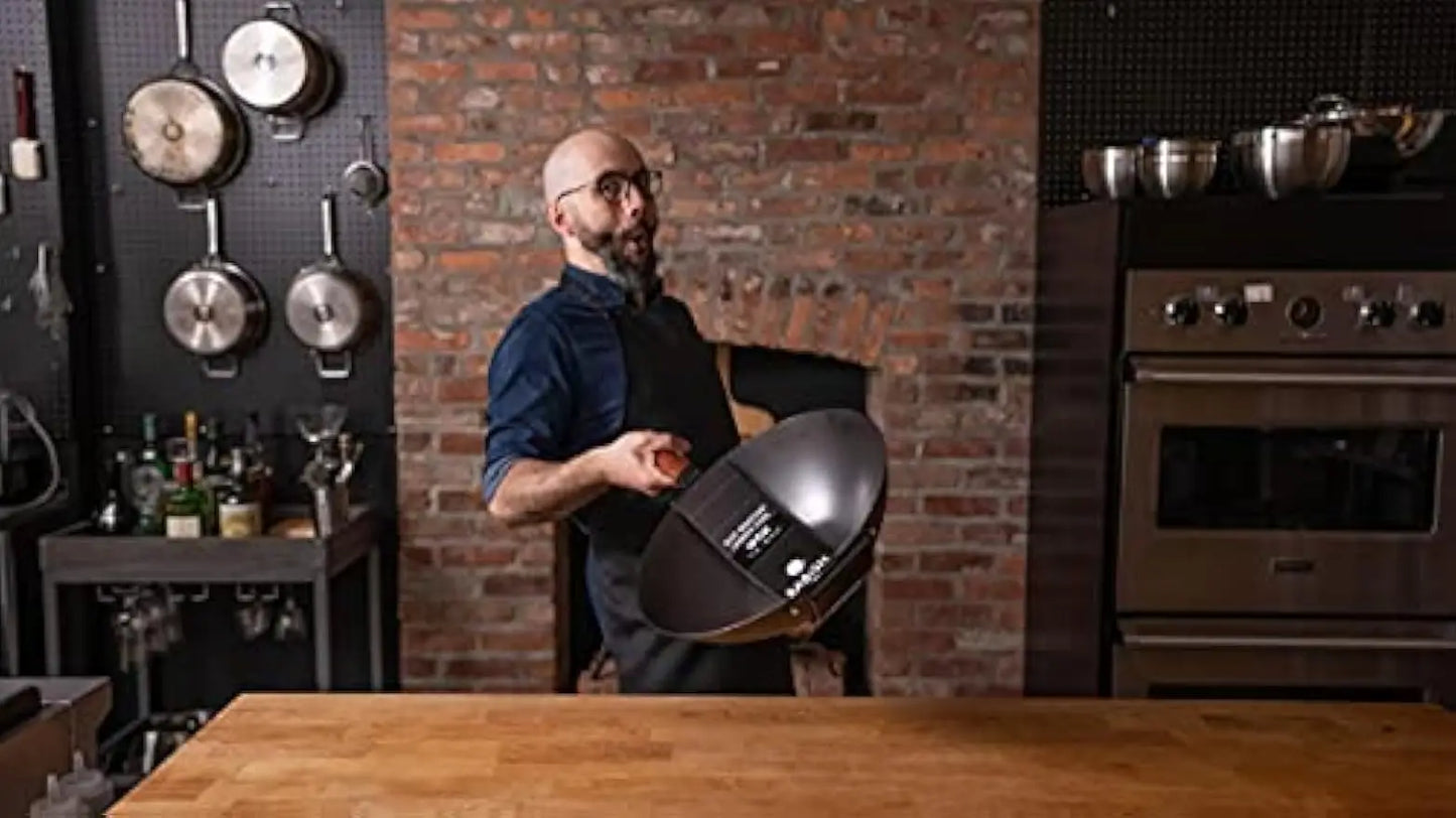 14-Inch Carbon Steel Flat Bottom Wok Pan for Stir Frying, Even Heat Distribution & Nonstick