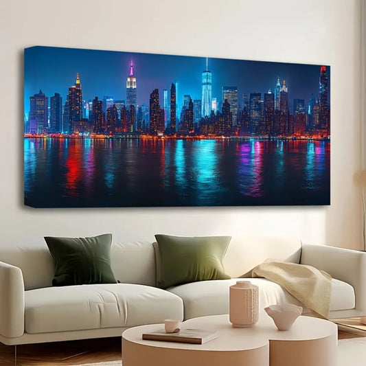 New York City Skyline Canvas Wall Art In Pine Frame