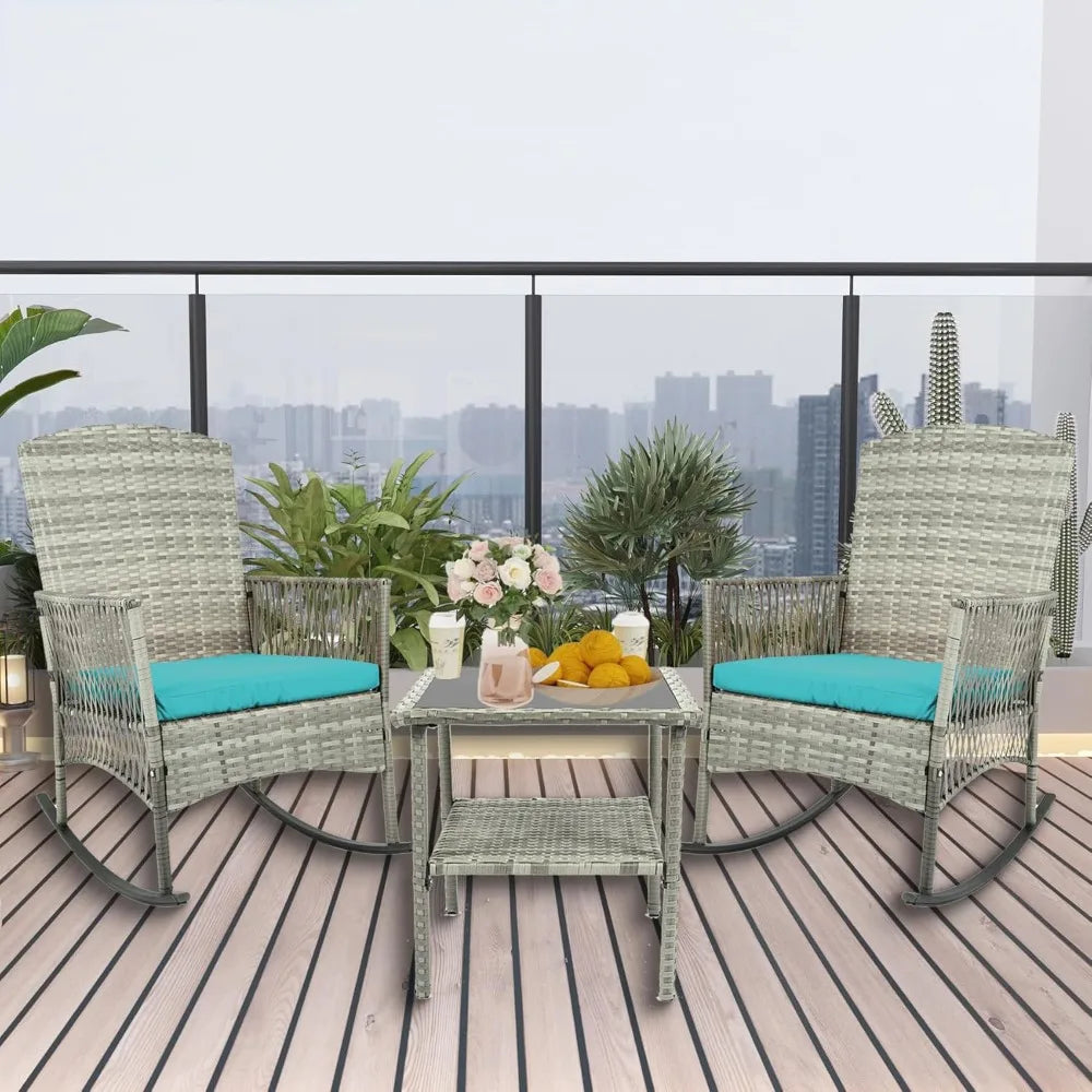 3 Piece Patio Conversation Set, Outdoor Rocking Chairs Set of 2, Wicker Furniture Set with Glass Top Coffee Table and Cushions