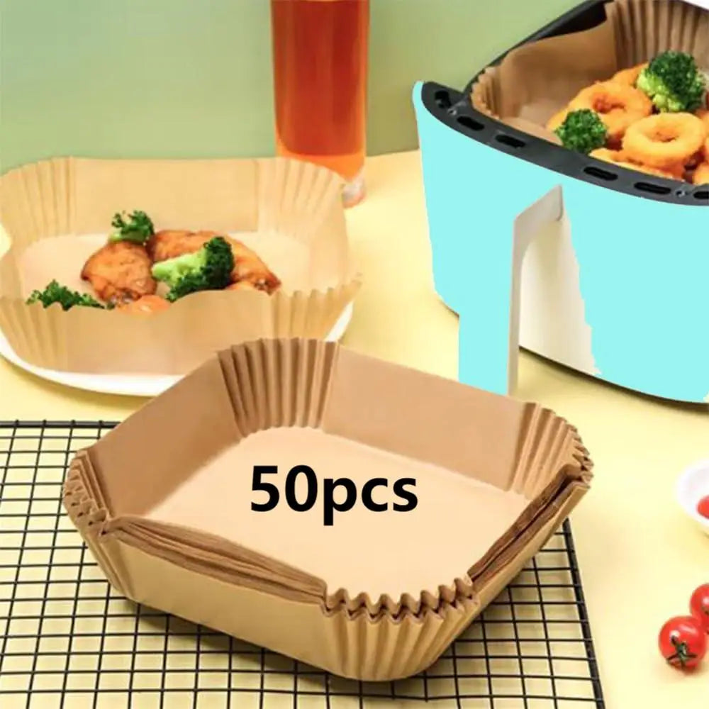[In Stock] 50/100PCS Disposable Air Fryer Paper Liners | Non-Stick Oil-Proof Baking Parchment Sheets