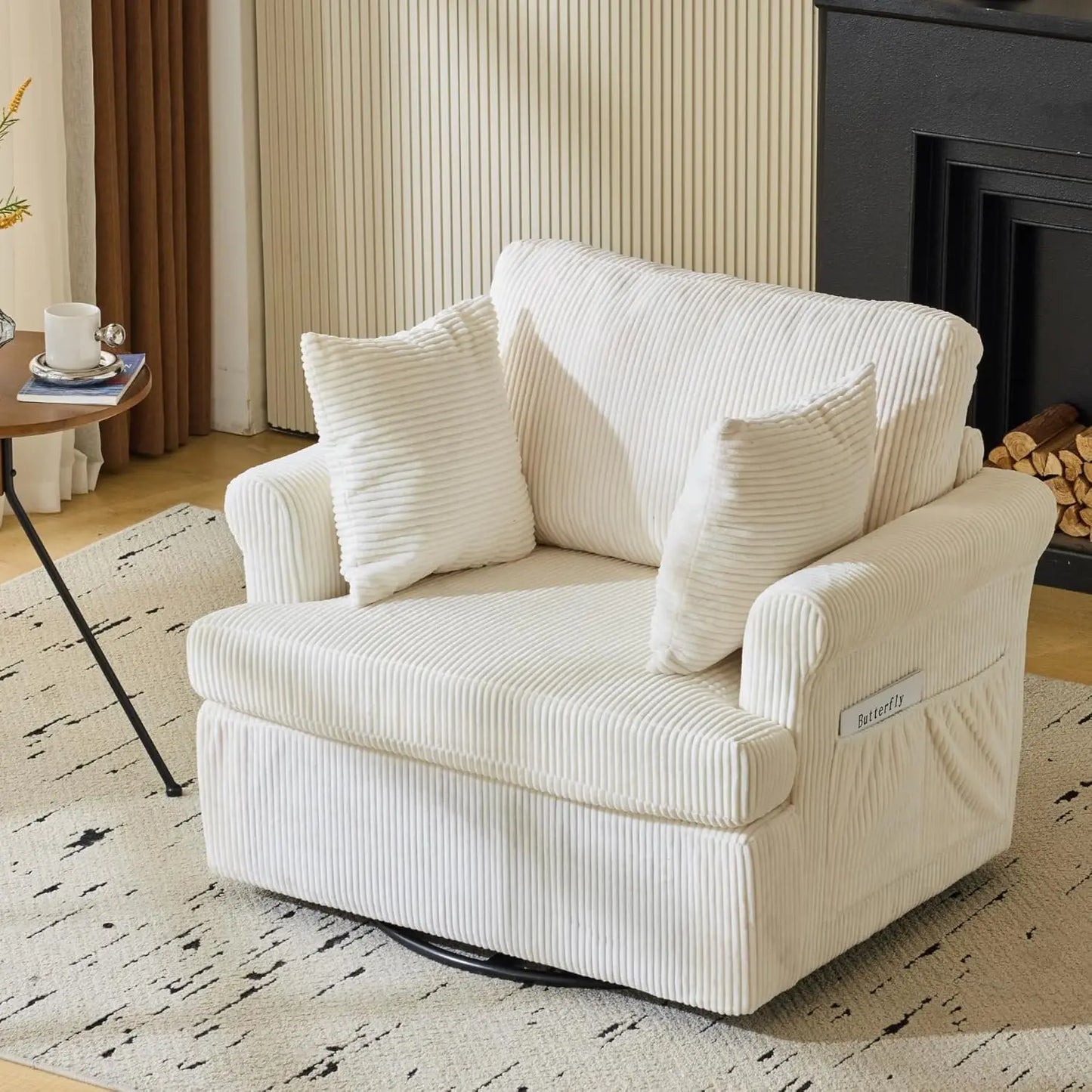 39" Swivel Accent Chair,Oversized Seat Armchair W/2 Pillows and 4 Pockets,Modern Upholstered Corduroy Barrel Chairs,Comfy