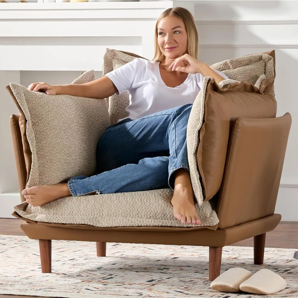 Oversized Armchair Accent Chair Reading Chair with 4 Cushions,Single Sofa Lounge Living Room Chair with Feather and Doll-Cotton