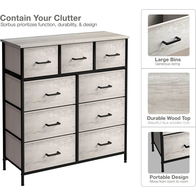 9 Drawer Fabric Dresser for Bedroom - Tall Storage Chest of Drawers for Clothes, Portable Stand up Wardrobe with Faux Woo