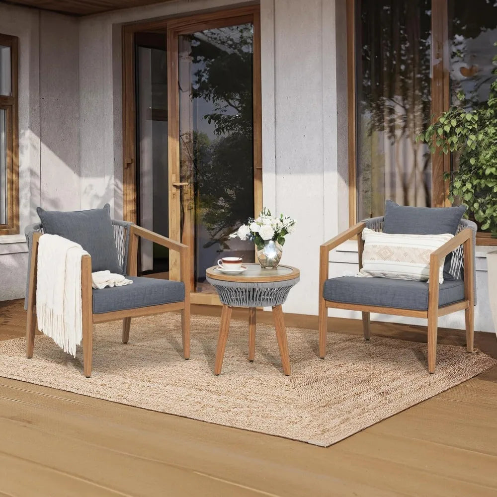 Aluminum Outdoor Patio Furniture Set, 3 Pieces Outdoor Bistro Set with Wood Grain Finish, Rope Patio Sofa Set for 2 with