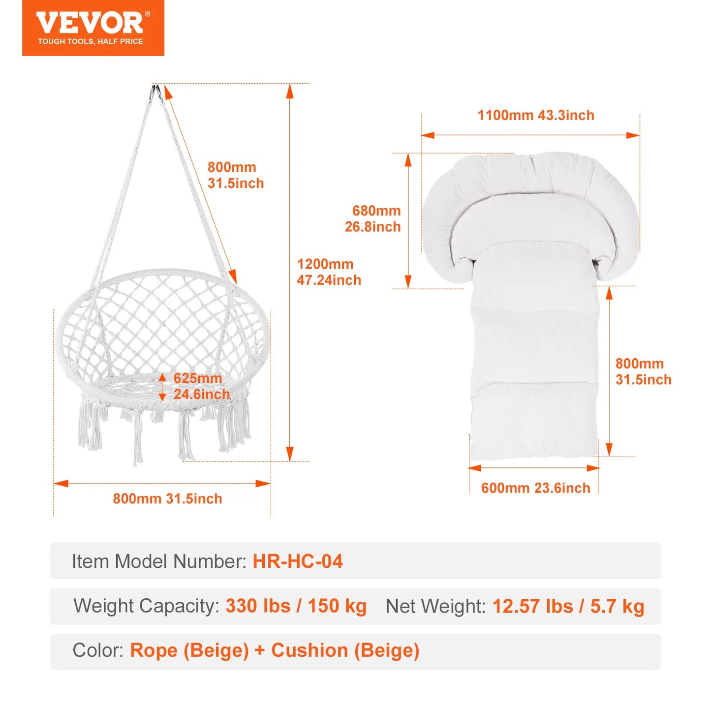 SucceBuy Hanging Hammock Swing Chair 330lbs Macramé Hanging Chair Cotton Rope Swing Chair for Bedroom Balcony Patio Garden White
