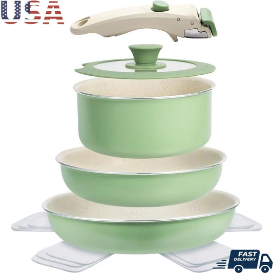 Nonstick Induction Cookware Set 8pcs Pots Pans Granite Removable Handle Cooking Tool Stackable Kitchenware Easy Clean