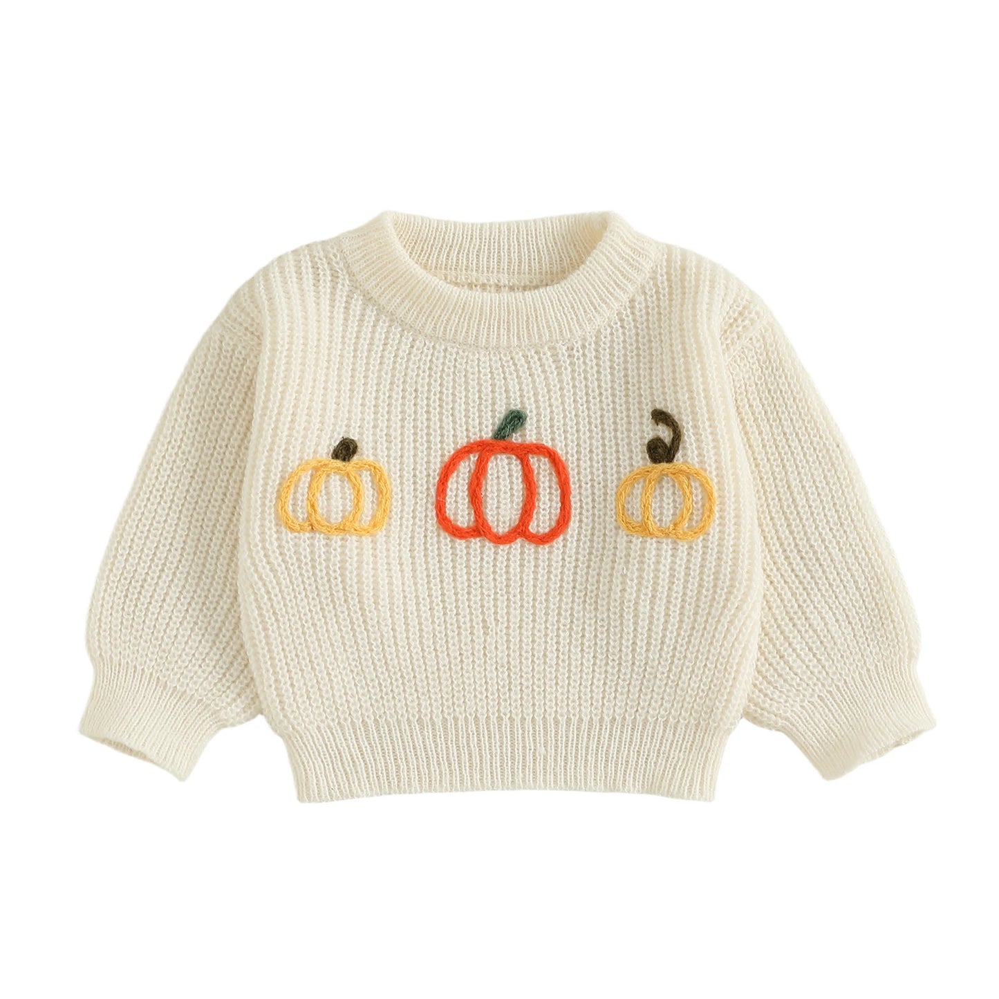 Infant Halloween Pumpkin Embroidered Sweater Crewneck Long Sleeve Pullover Chunky Knit Top for Toddlers