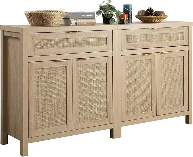 Sideboard Buffet Storage Cabinet Set of 2, Rattan Credenza Buffet Table, Bohemian Organizer w/ Glass Doors & Adjustable Shelves