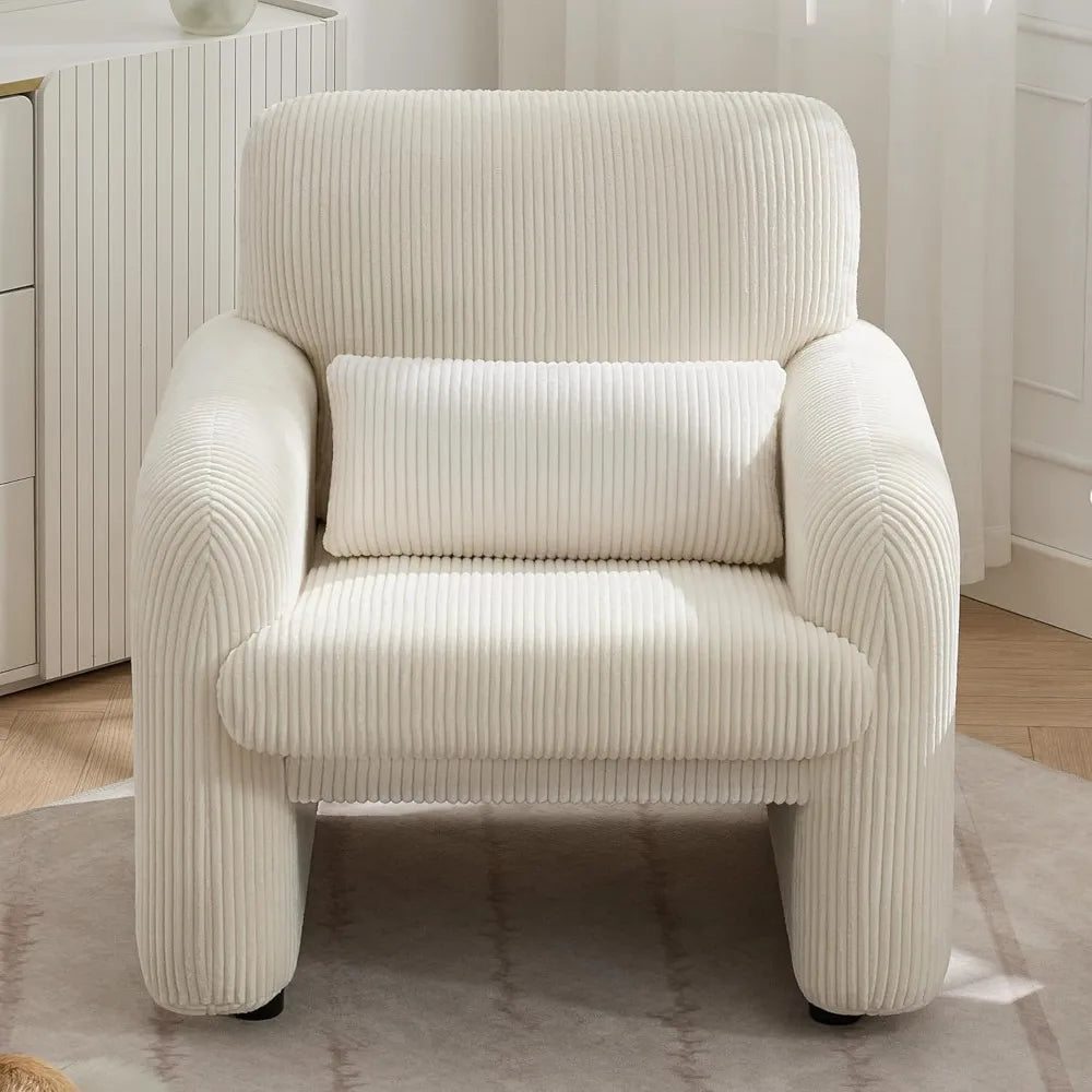 Corduroy Fabric Accent Chair, Modern Upholstered Living Room Chairs with Lumbar Pillow, Wide Comfy Leisure Armchair for Bedroom,