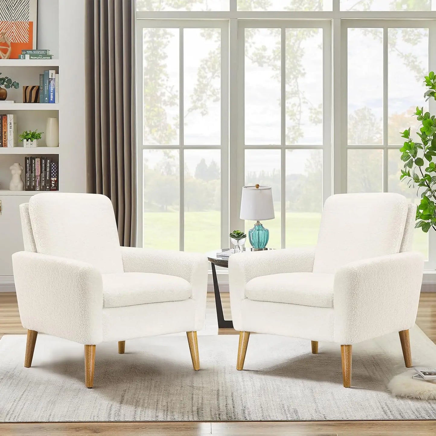 Accent Chair Set of 2 Living Room Mid-Century Modern Chair, Upholstered Fabric Comfy Club Armchair Pair of Leisure Sofa