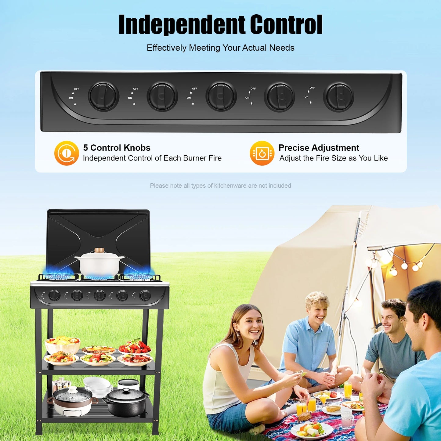 Natural Gas Stove with 5 Burners Outdoor 5-Burner Stove Portable Gas Stove Manual Ignition with 2 Placement Boards